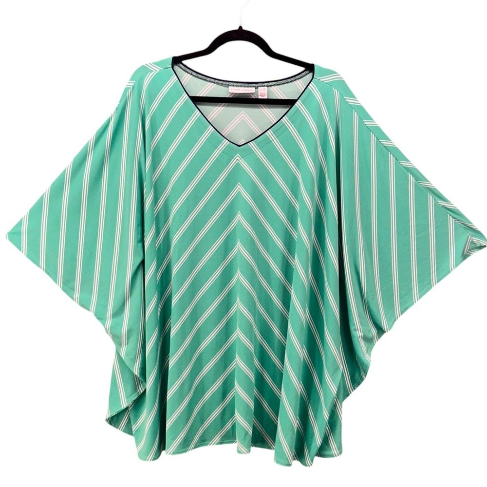 Susan Graver Mint Green Striped V-Neck Poncho Blouse